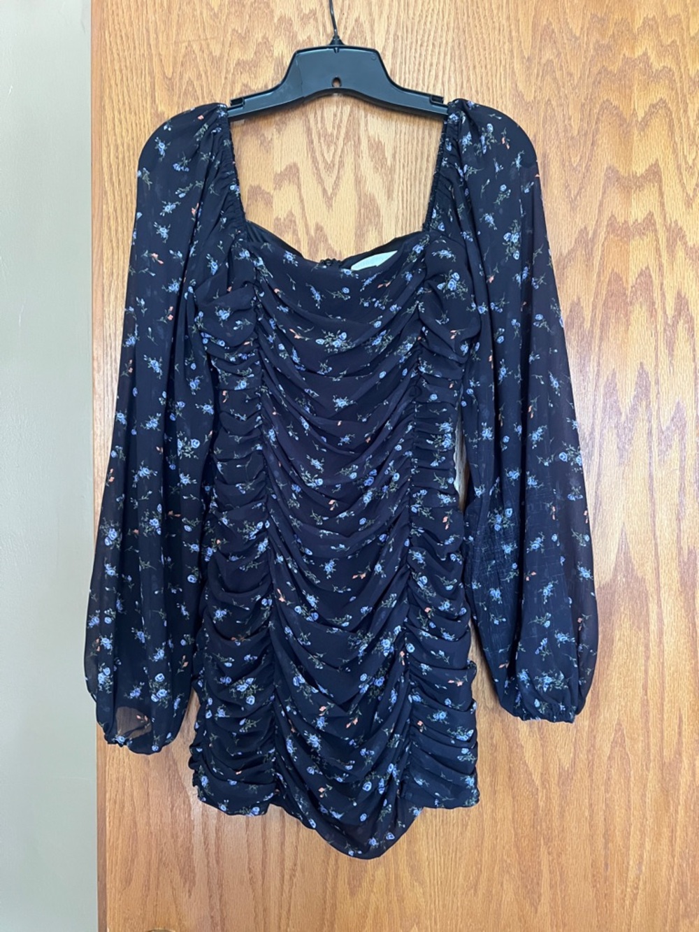 Black Floral Ruched Long-Sleeve Mini Dress